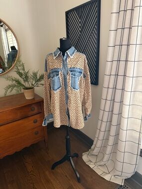 BiBi Beige printed cord  with Blue Denim Trim tunic medium